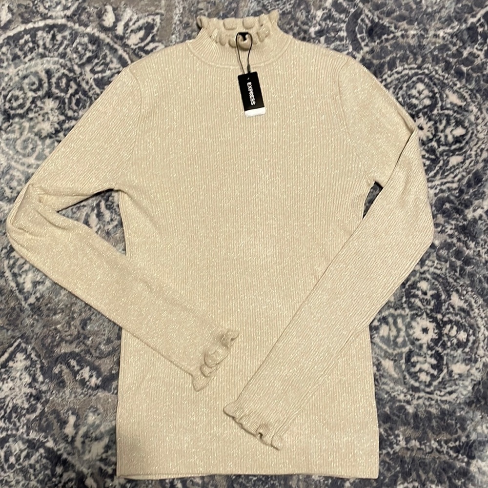 Express Metallic Ribbed Ruffle Mock Neck Sweater, Medium